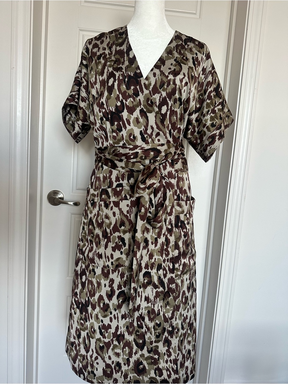 J Crew Women's Wrap Dress in Olive & Brown Animal Print